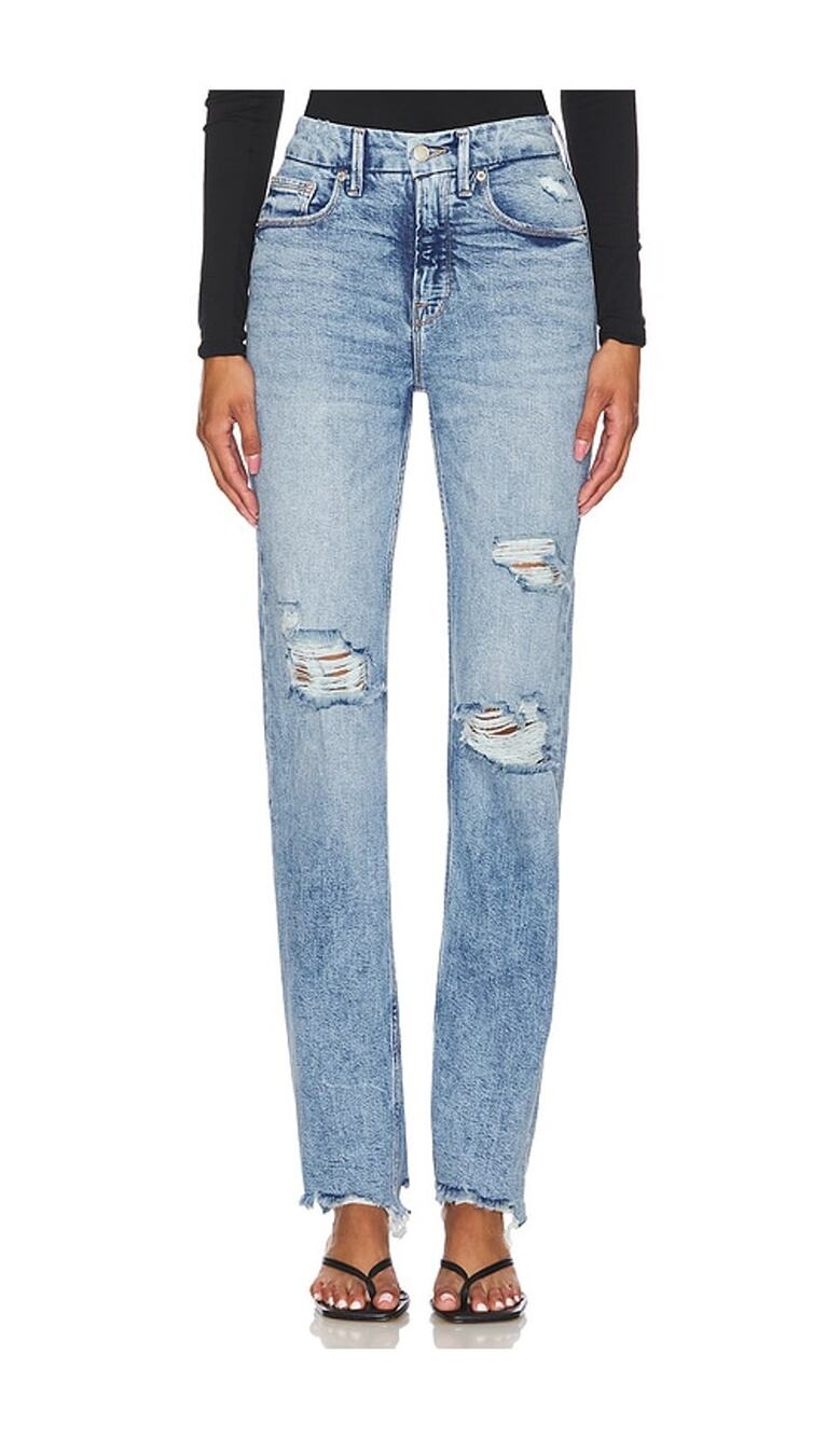 Good American Distressed Blue Icon Straight Denim Jeans Size 00 / 24